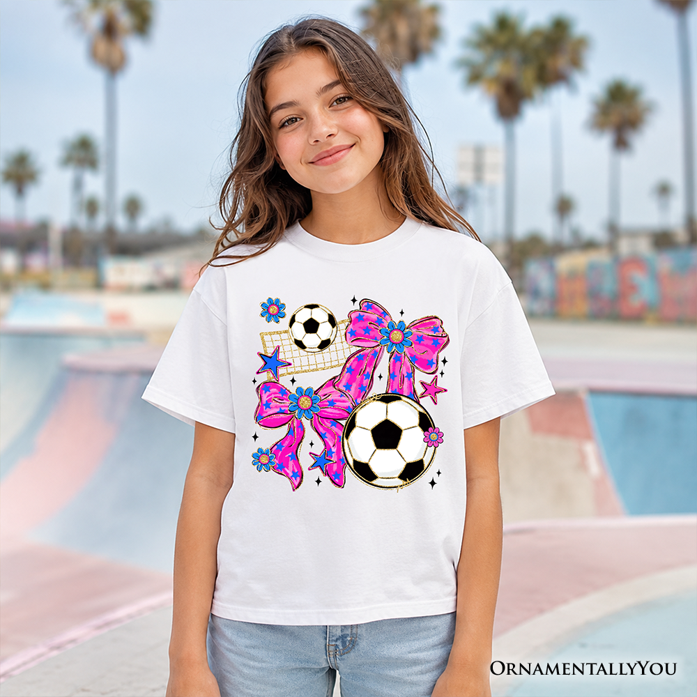 Kids Soccer Coquette Pink Bow T-Shirt, Preppy Game Day Tee for Youth Girls