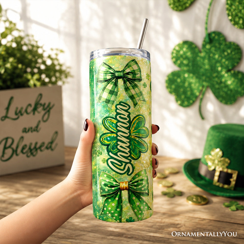 Green Shamrock Bow Pattern 20oz Personalized Tumbler With Lid and Stainless Steel Straw, Coquette St Patrick Gift Cup