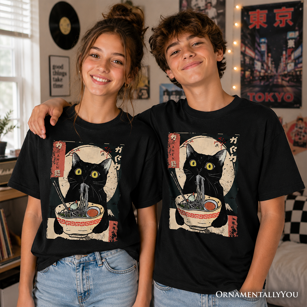Kids Kawaii Anime Cat Eating Ramen T-Shirt, Noodle Japanese Art Style Tee for Youth
