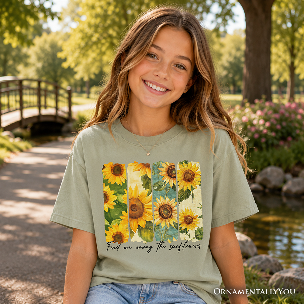 Find Me Among the Sunflowers Kids T-Shirt, Floral Tee for Youth Girls