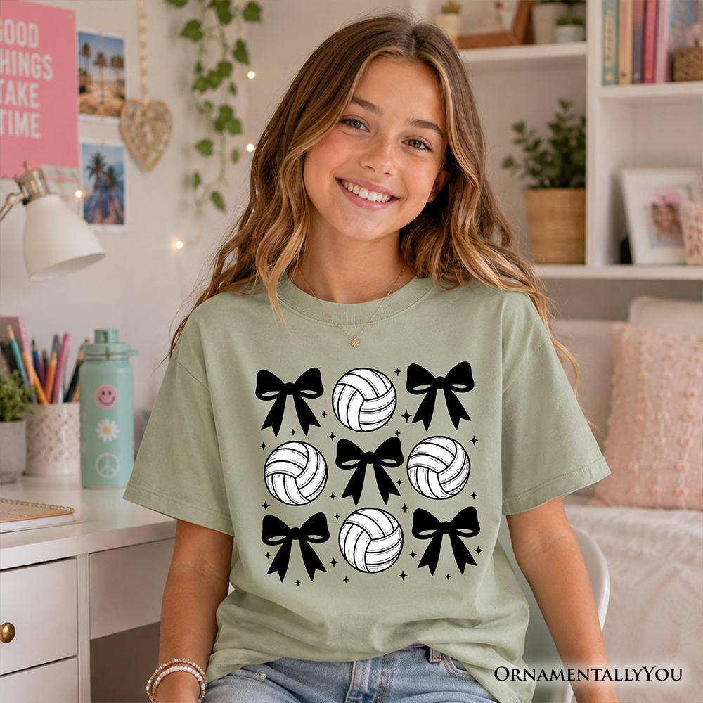 Kids Coquette Volleyball Bows T-Shirt, Cute Athletic Sports Game Day Tee for Youth Girls