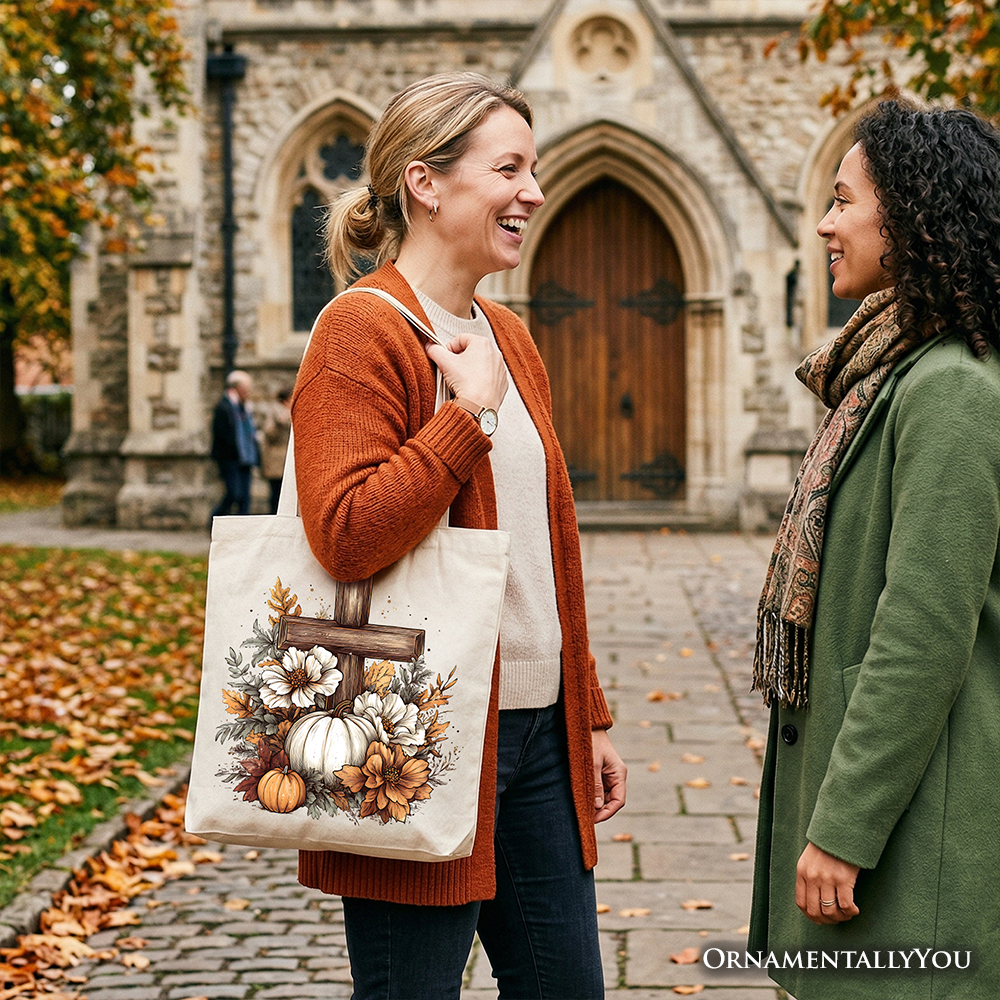 Christian Floral Pumpkin Cross Tote Bag, Boho Religious Fall Gift Shopper