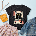 Kids Kawaii Anime Cat Eating Ramen T-Shirt, Noodle Japanese Art Style Tee for Youth
