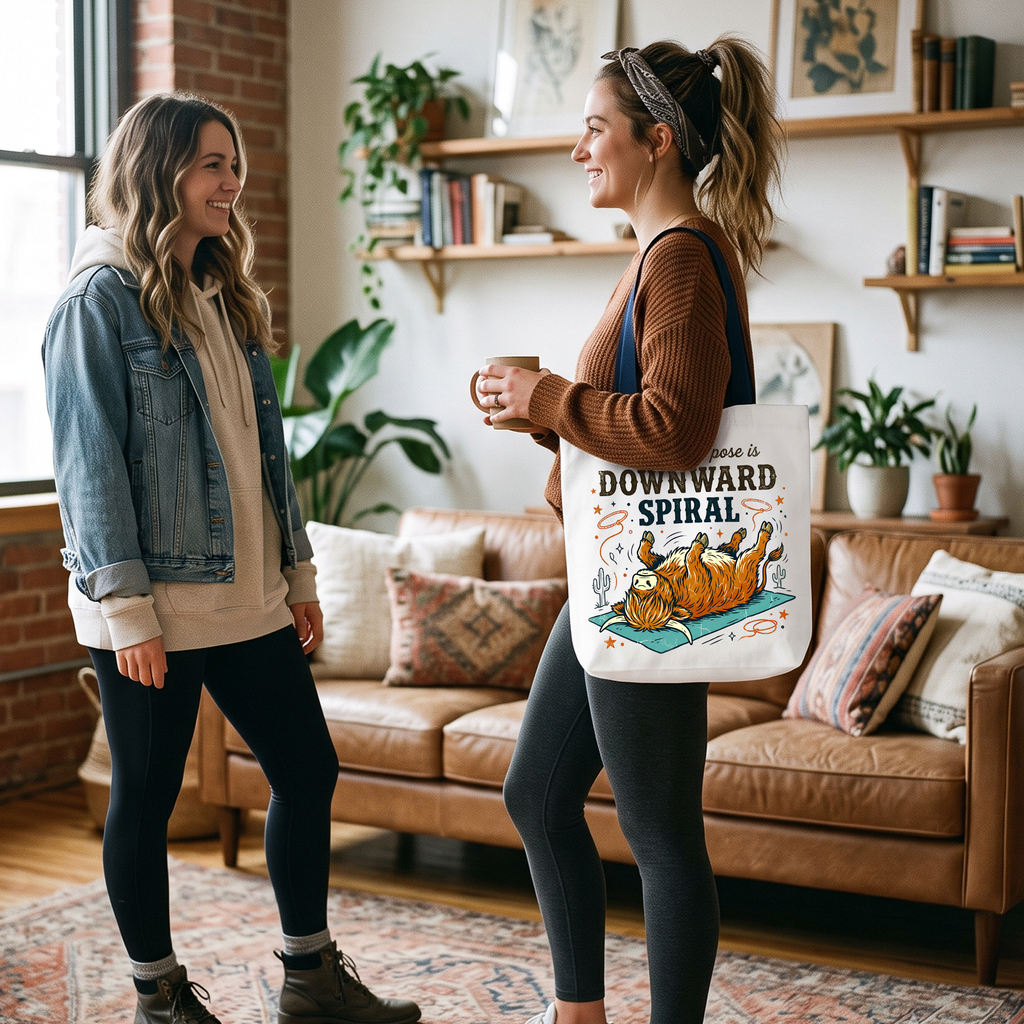 Yoga Highland Cow Tote Bag, Funny Downward Spiral Mental Health Gift Shopper