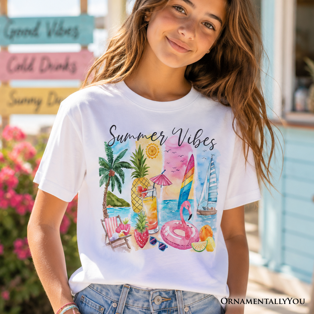 Kids Summer Vibes T-Shirt, Colorful Vacation Beach Tee for Youth