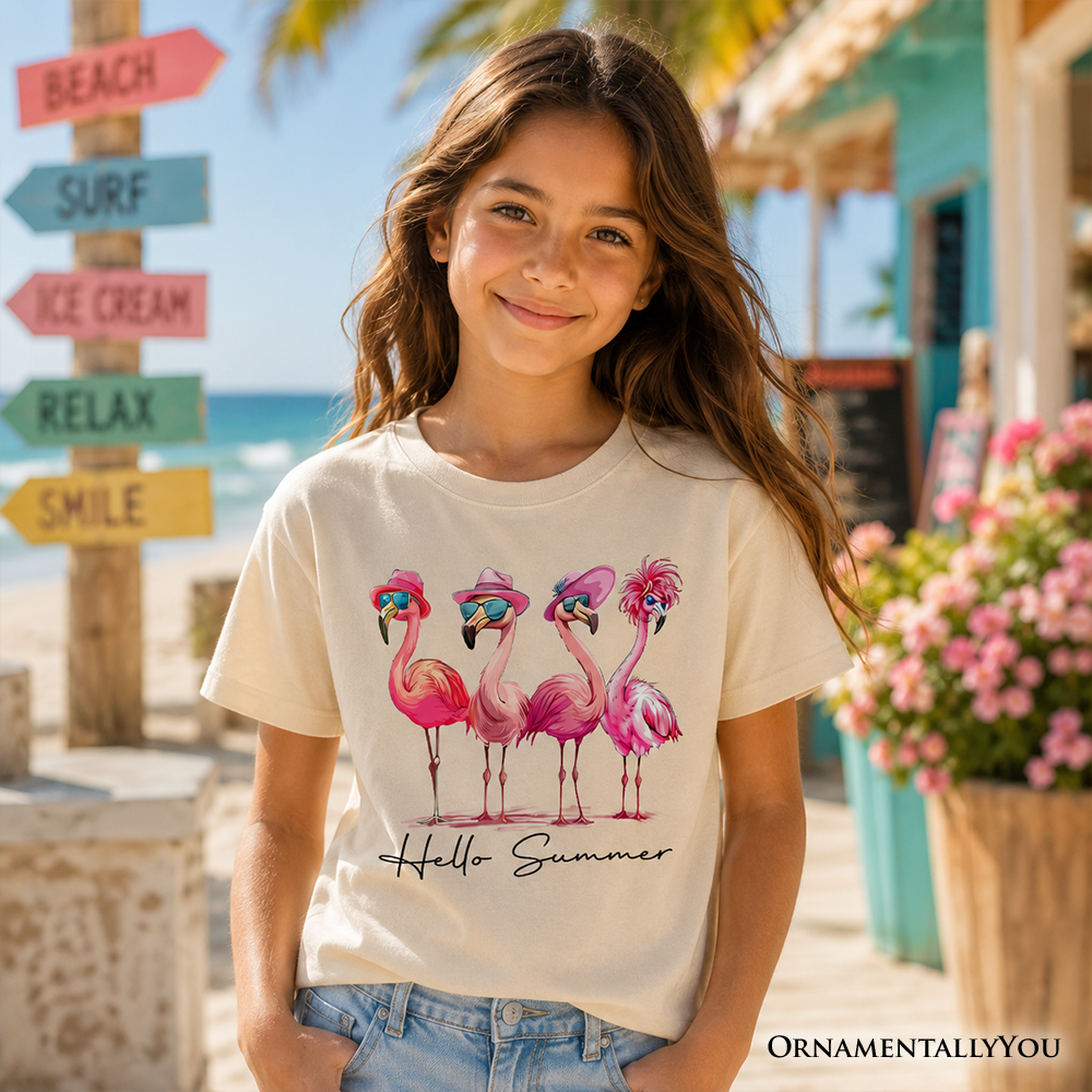 Kids Flamingo Hello Summer T-Shirt, Retro Tee with Tropical Birds for Youth Girls