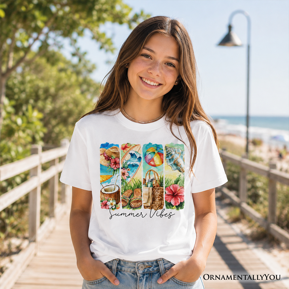 Kids Summer Vibes T-Shirt, Beach Tee with Coconut and Flowers for Youth