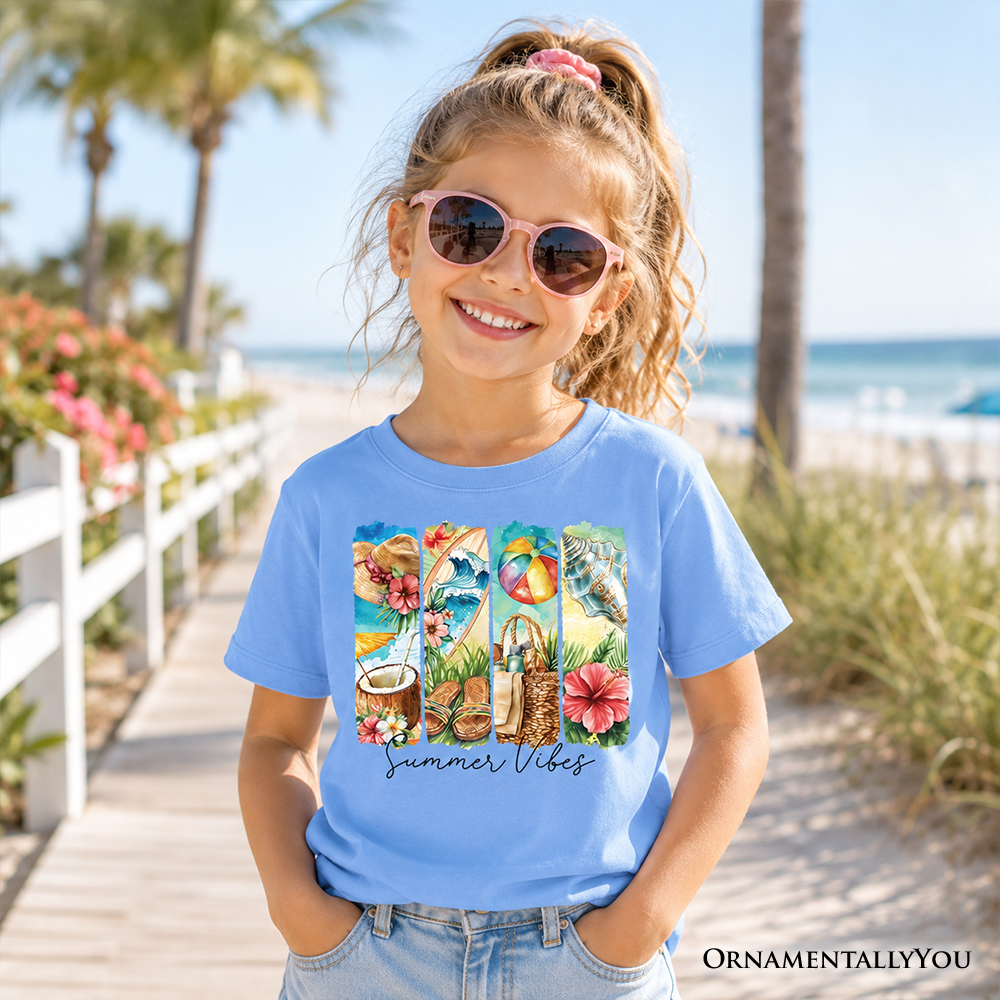Kids Summer Vibes T-Shirt, Beach Tee with Coconut and Flowers for Youth