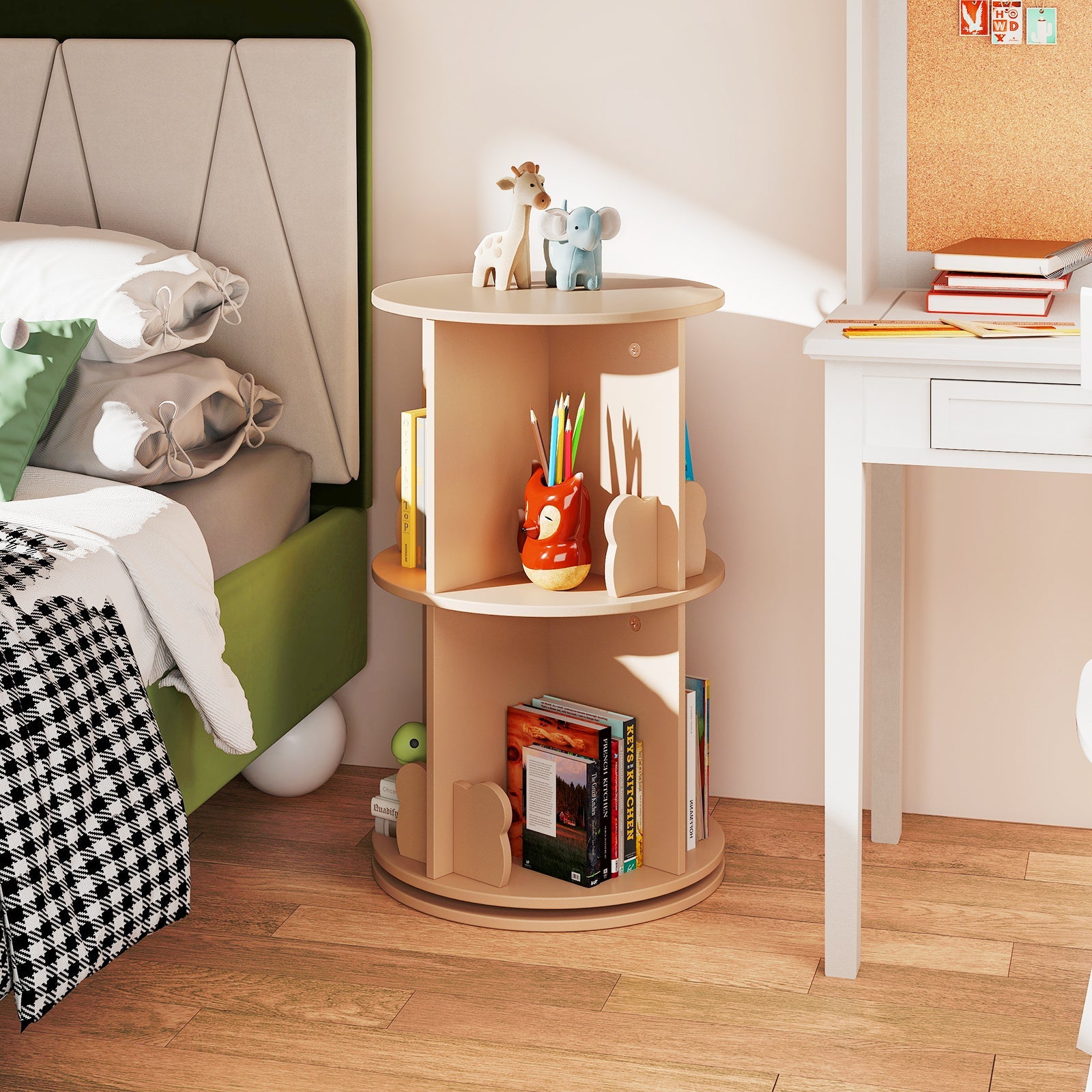 2 Tier Freestanding Kids Rotating Bookshelf Storage Rack with Bear Baffles-Natural