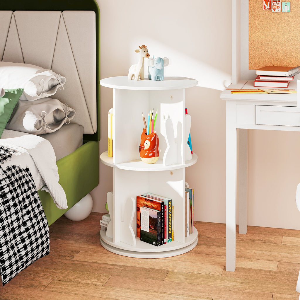 2 Tier Freestanding Kids Rotating Bookshelf Storage Rack with Bunny Baffles-White
