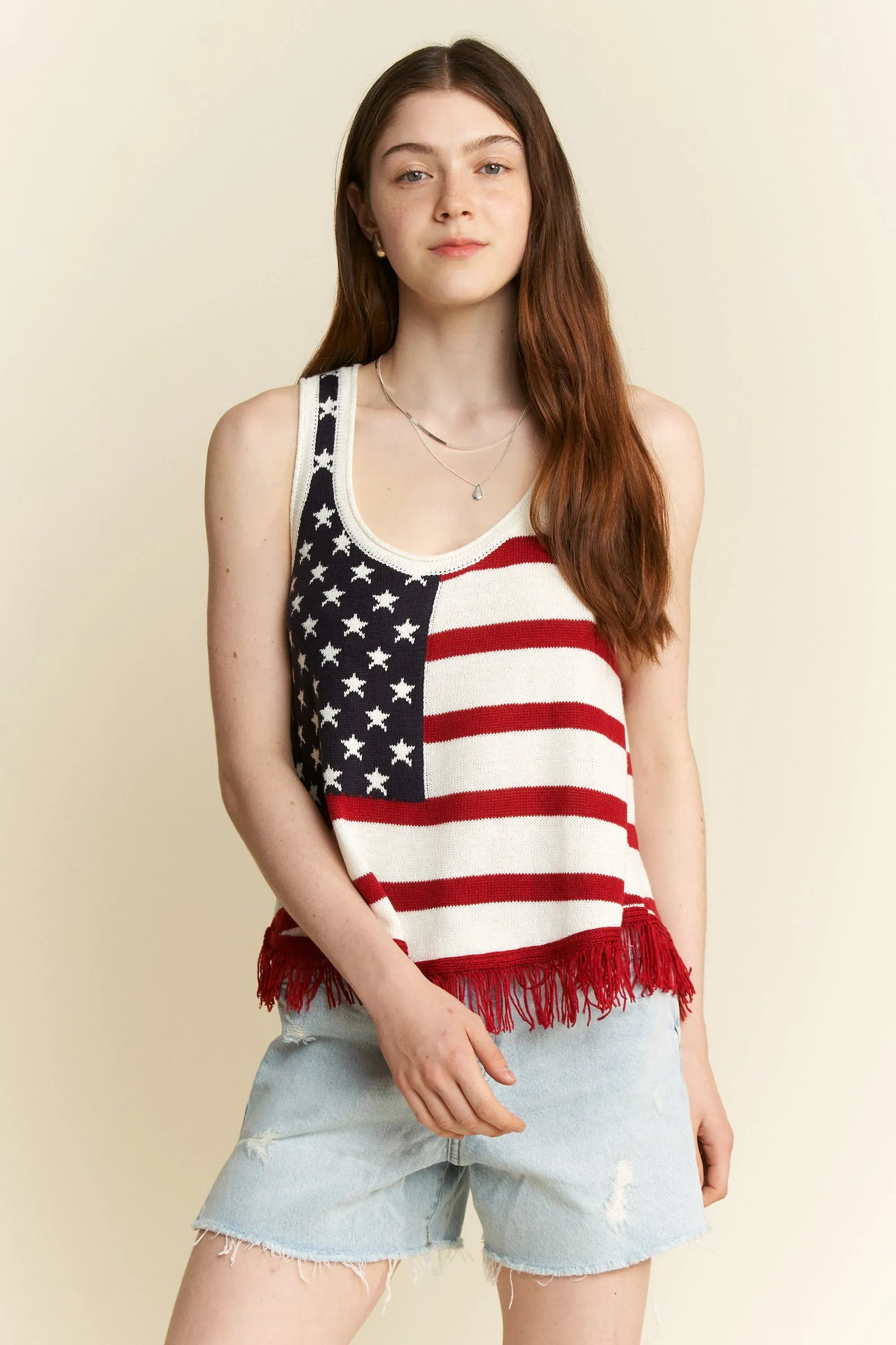 Full Size American Flag Fringe Tank Top Plus Size