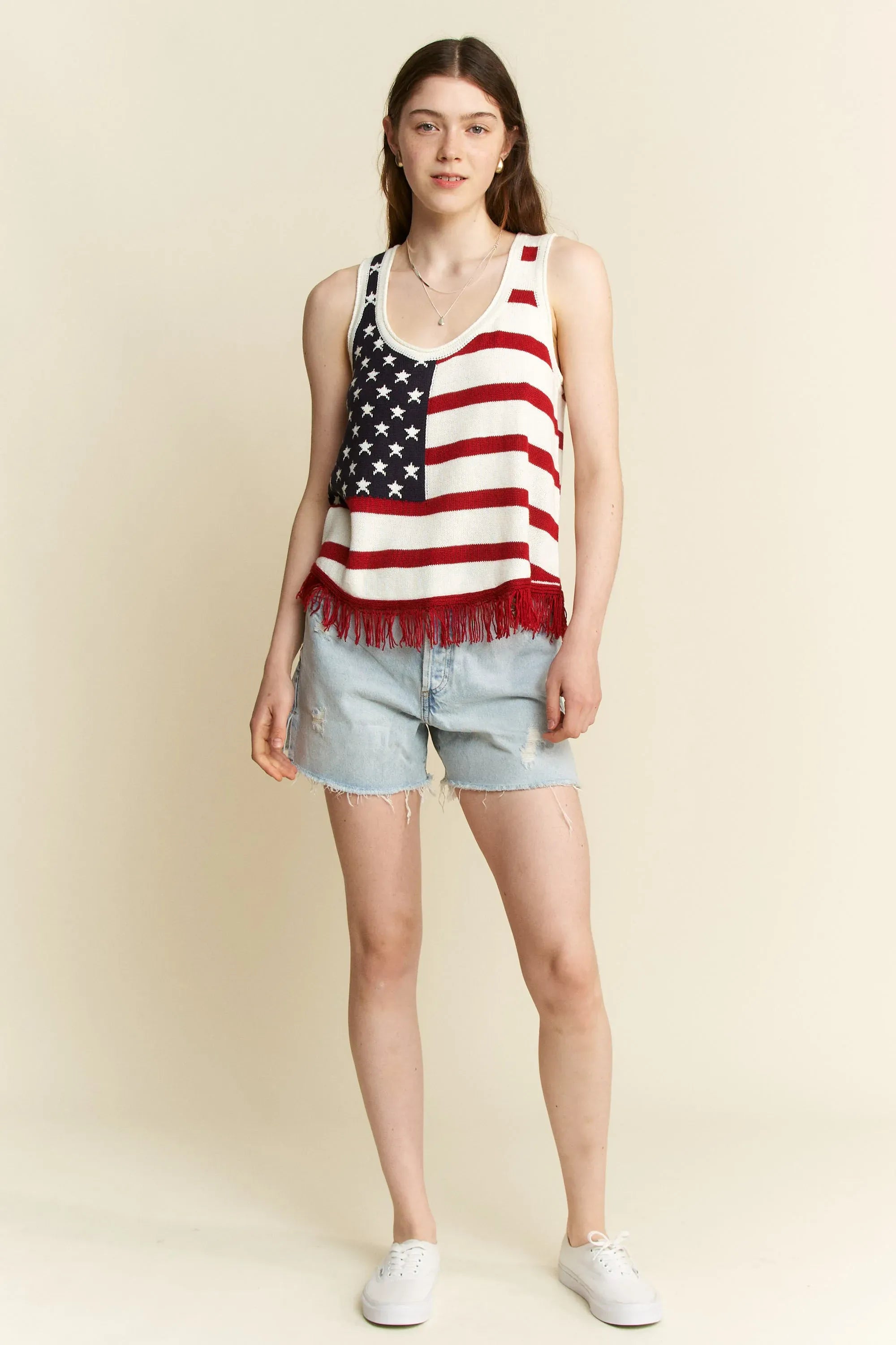 Full Size American Flag Fringe Tank Top Plus Size