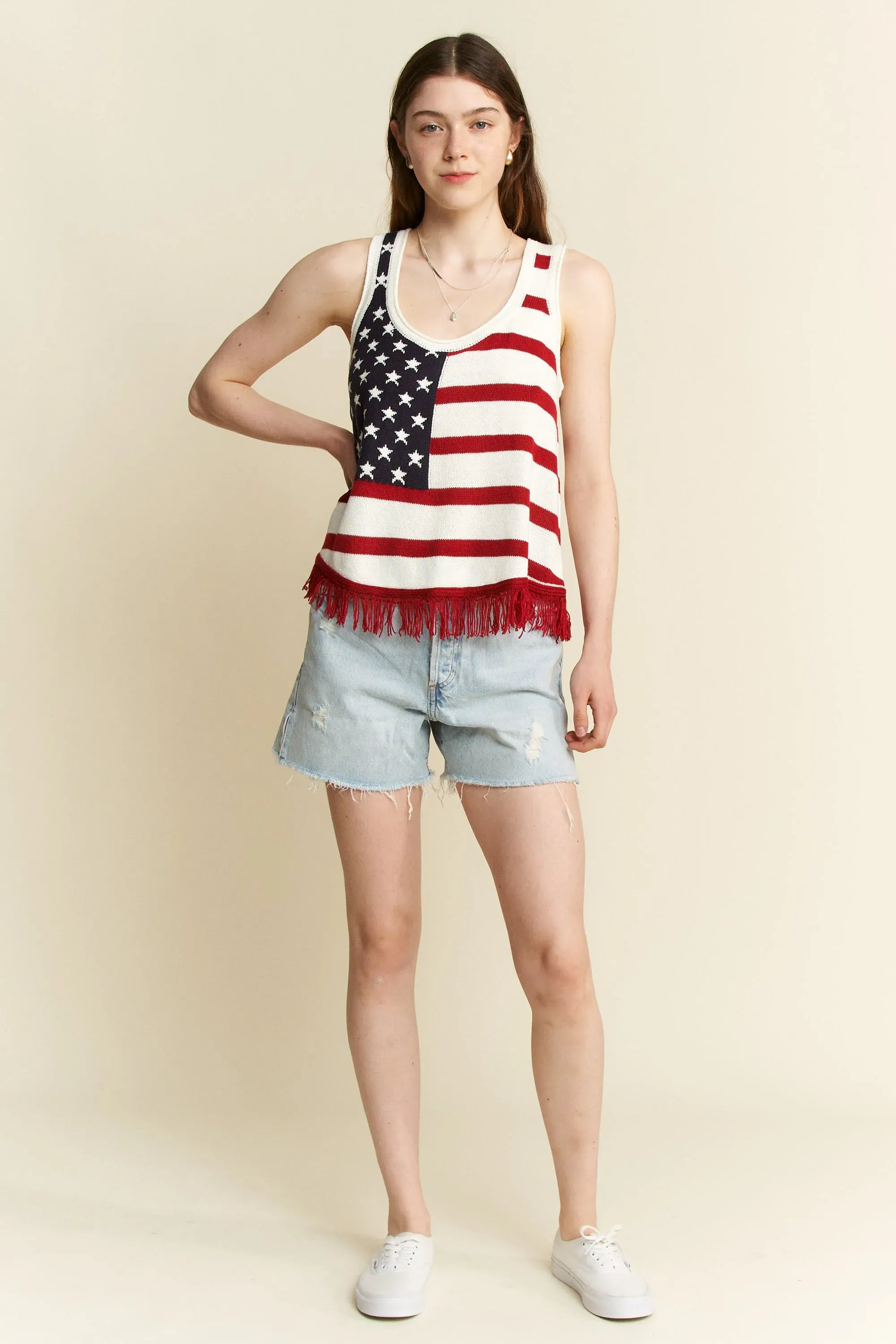 Full Size American Flag Fringe Tank Top Plus Size