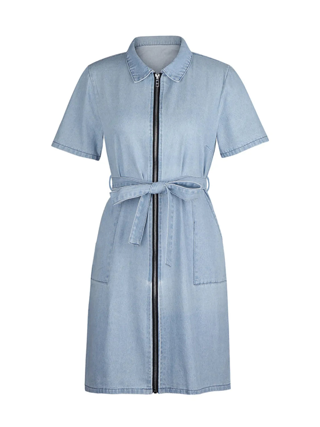 Full Size Zip Front Short Sleeve Denim Dress Plus Size.