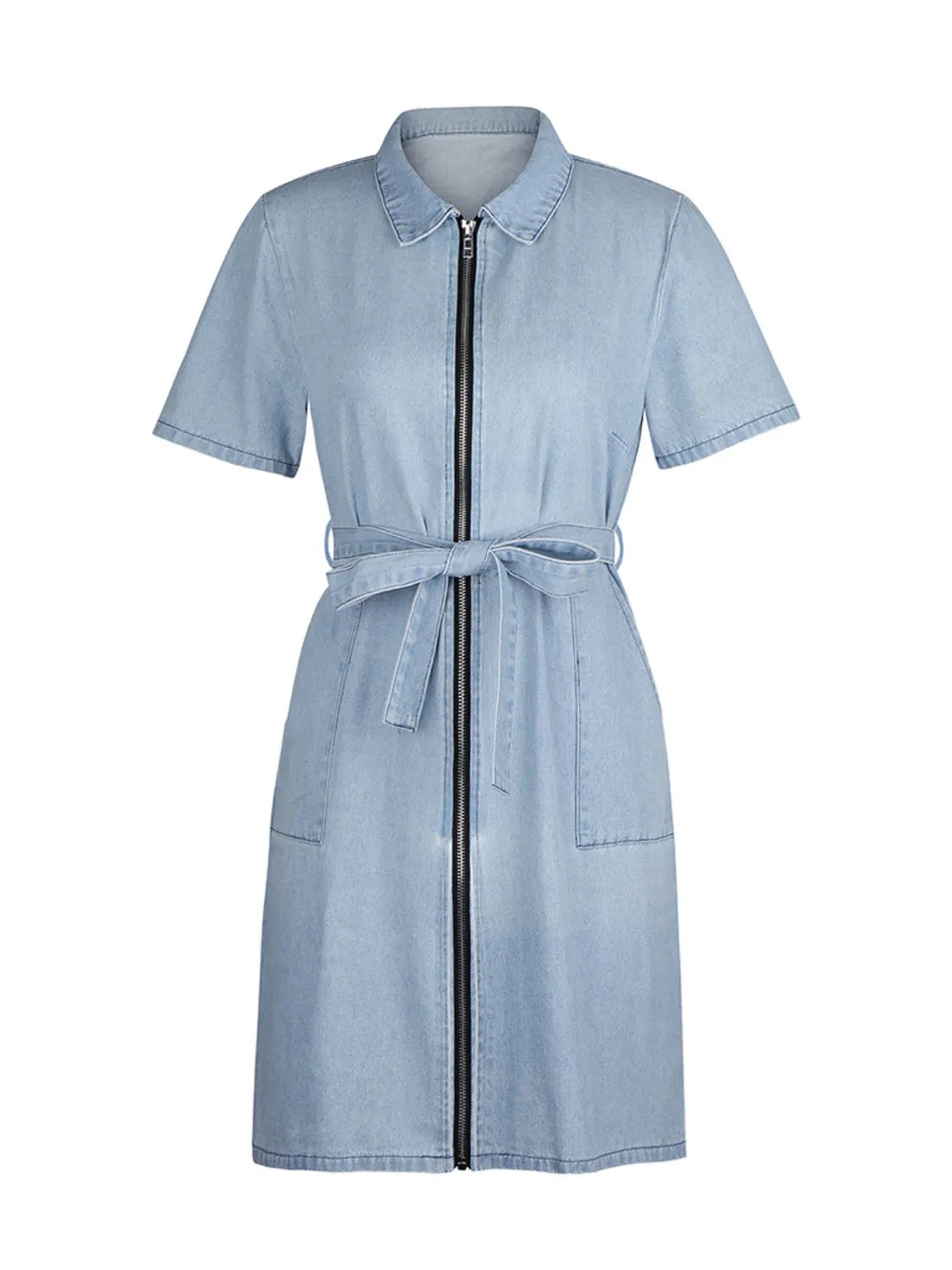 Full Size Zip Front Short Sleeve Denim Dress Plus Size.