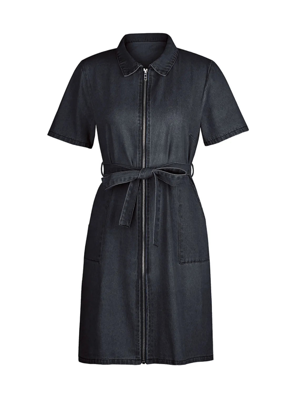 Full Size Zip Front Short Sleeve Denim Dress Plus Size.