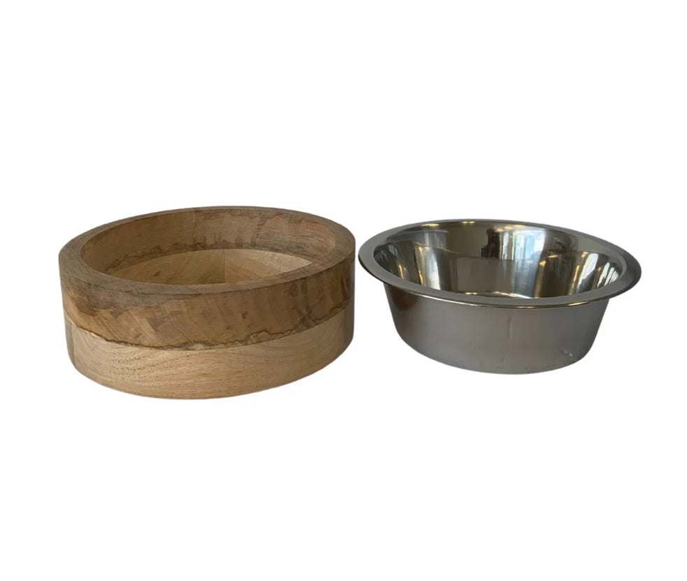 Stainless Steel Dog Bowl with Cylindrical Mango Wood Holder