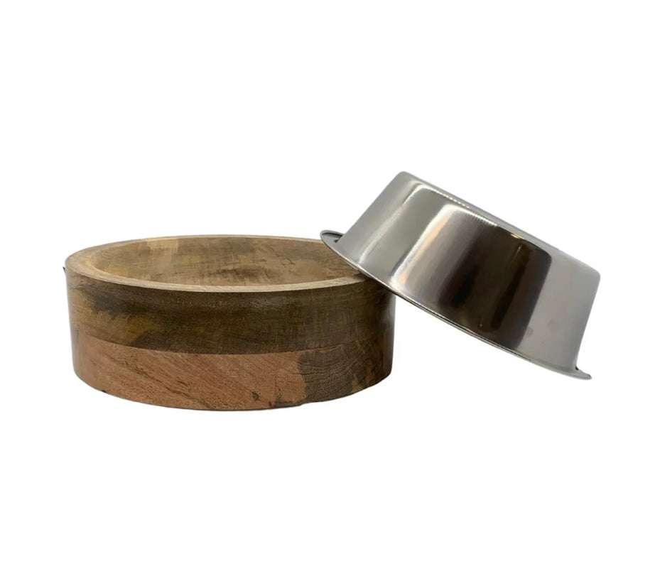 Stainless Steel Dog Bowl with Cylindrical Mango Wood Holder