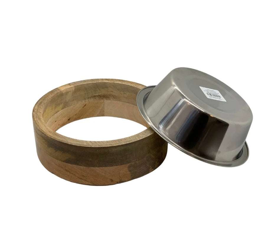 Stainless Steel Dog Bowl with Cylindrical Mango Wood Holder