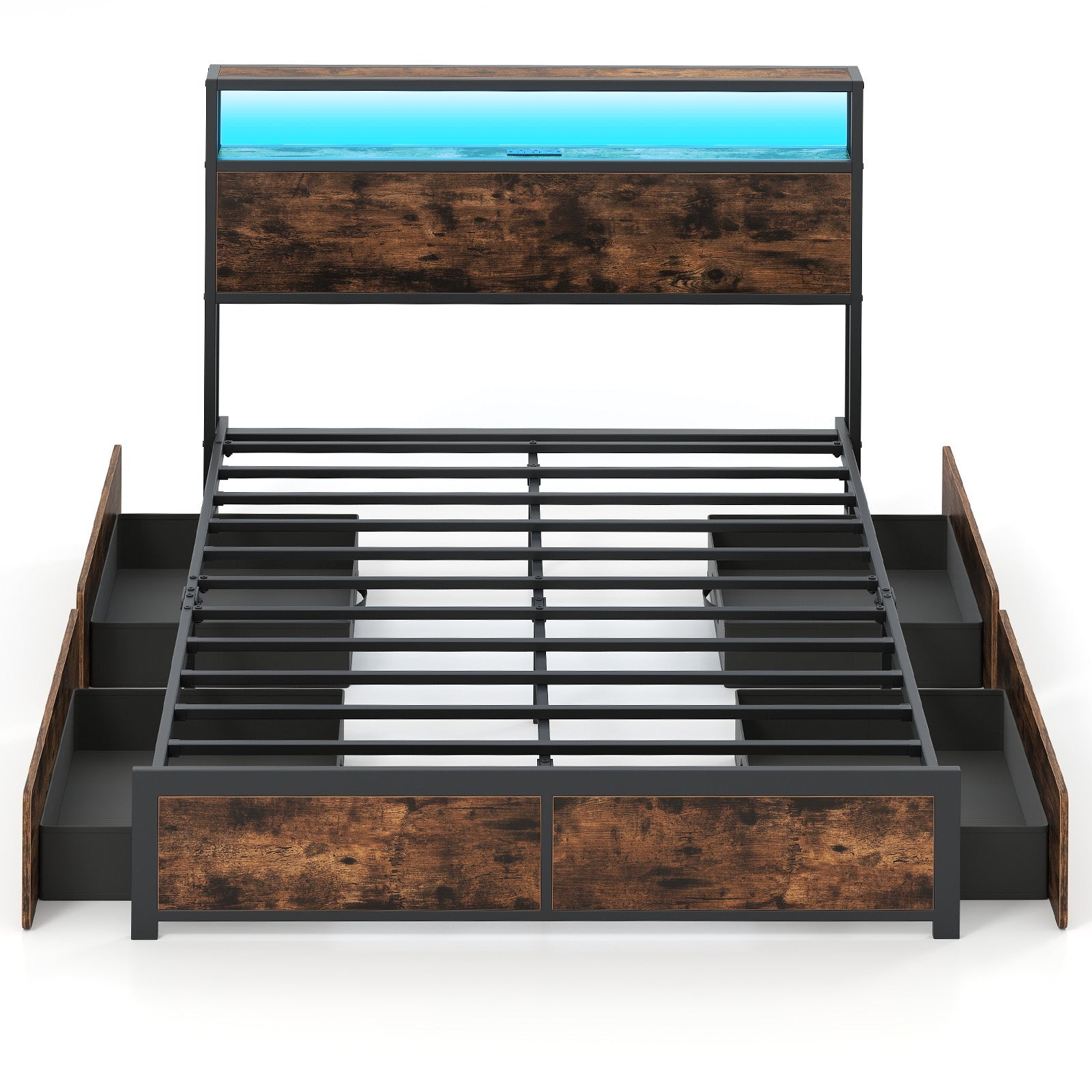 Full/Queen Size LED Bed Frame with Charging Station and 4 Storage Drawers