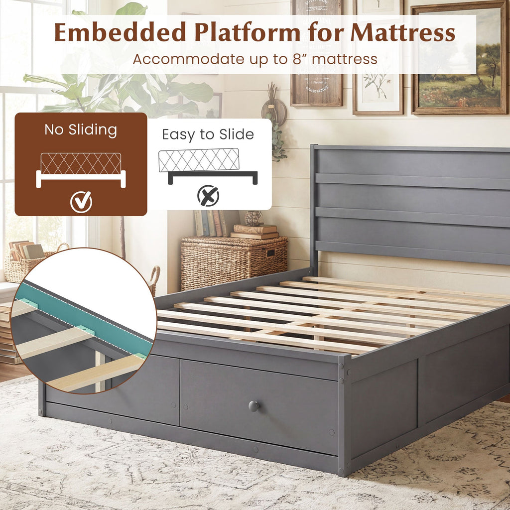 Full Size Wooden Platform Bed Frame with Storage Drawers