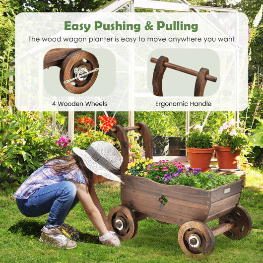 Decorative Wooden Wagon Cart with Handle Wheels and Drainage Hole-Rustic Brown