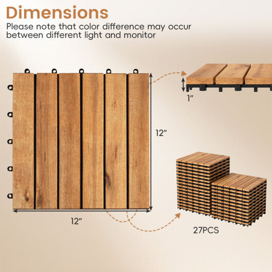 12 x 12 Inch 27 Pieces Acacia Wood Interlocking Deck Tiles with Waterproof Design-Natural