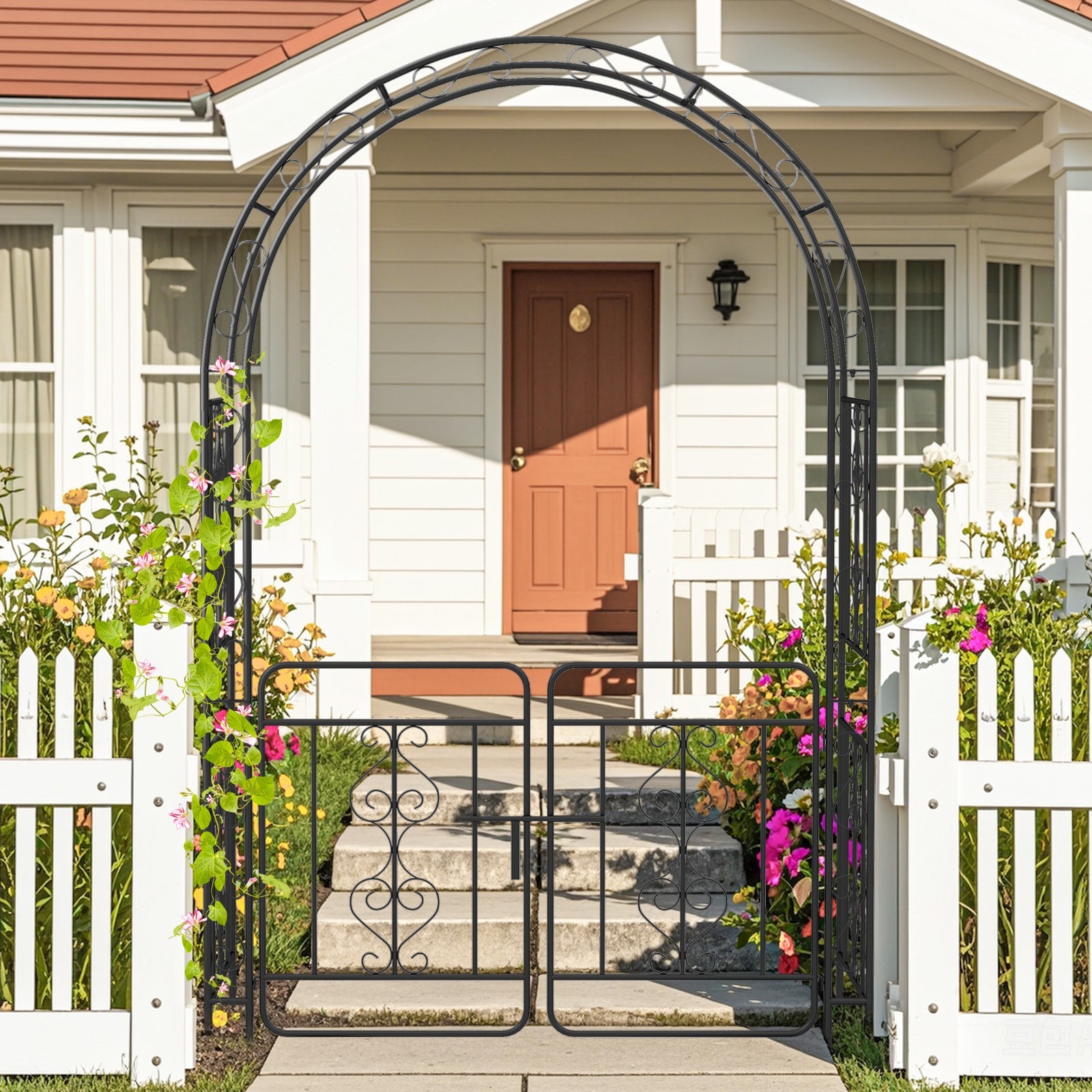 Garden Arbor with Gate with Multiple Side Crossbars and 4 Sharp Ground Stakes-Black
