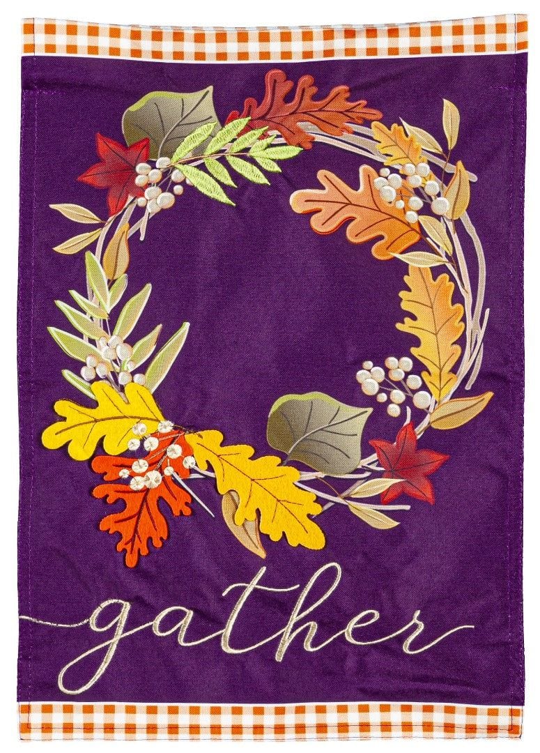 Gather Fall Leaves Wreath Garden Flag 2 Sided Decorative