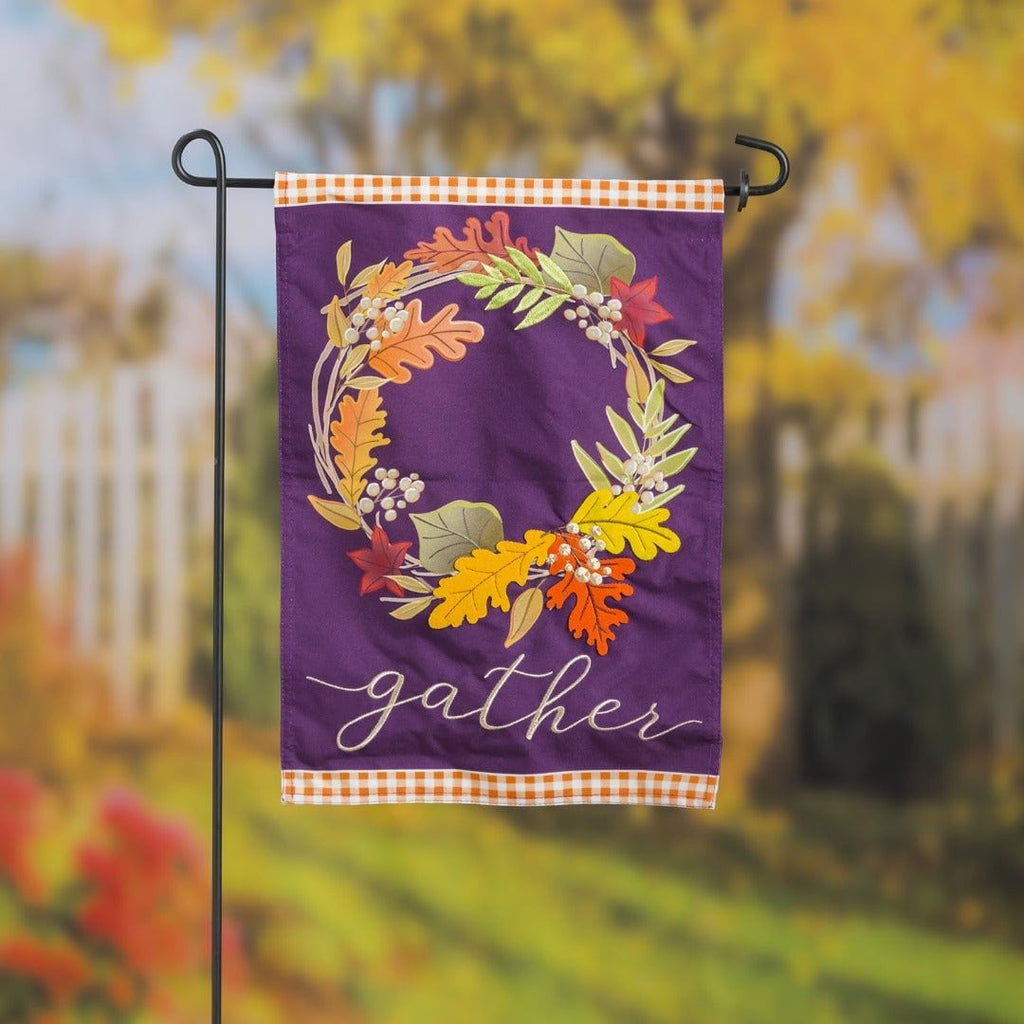 Gather Fall Leaves Wreath Garden Flag 2 Sided Decorative