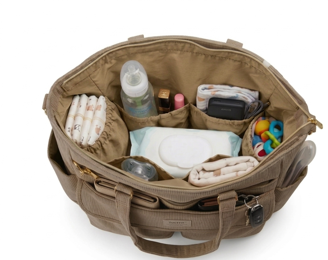 SUNVENO Corduroy Quilted Diaper Bag Tote