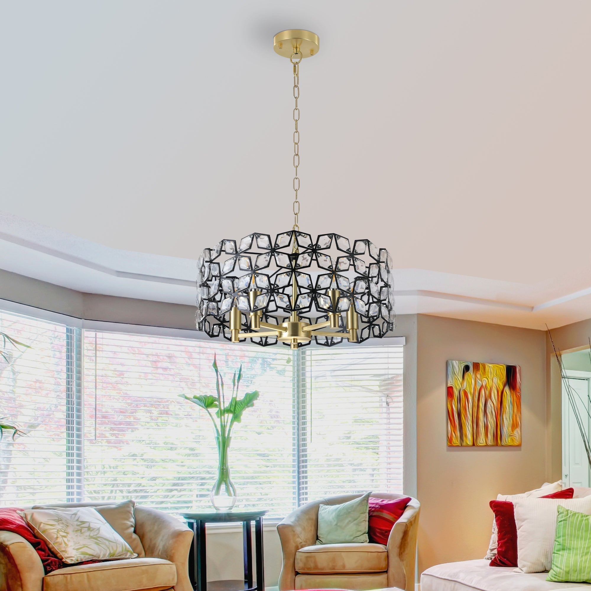 Modern K9 Crystal Geometric Chandelier | 5-Light Black & Gold Round Pendant Light — 19"–39" Adjustable, Dining Room, Living Room & Bedroom
