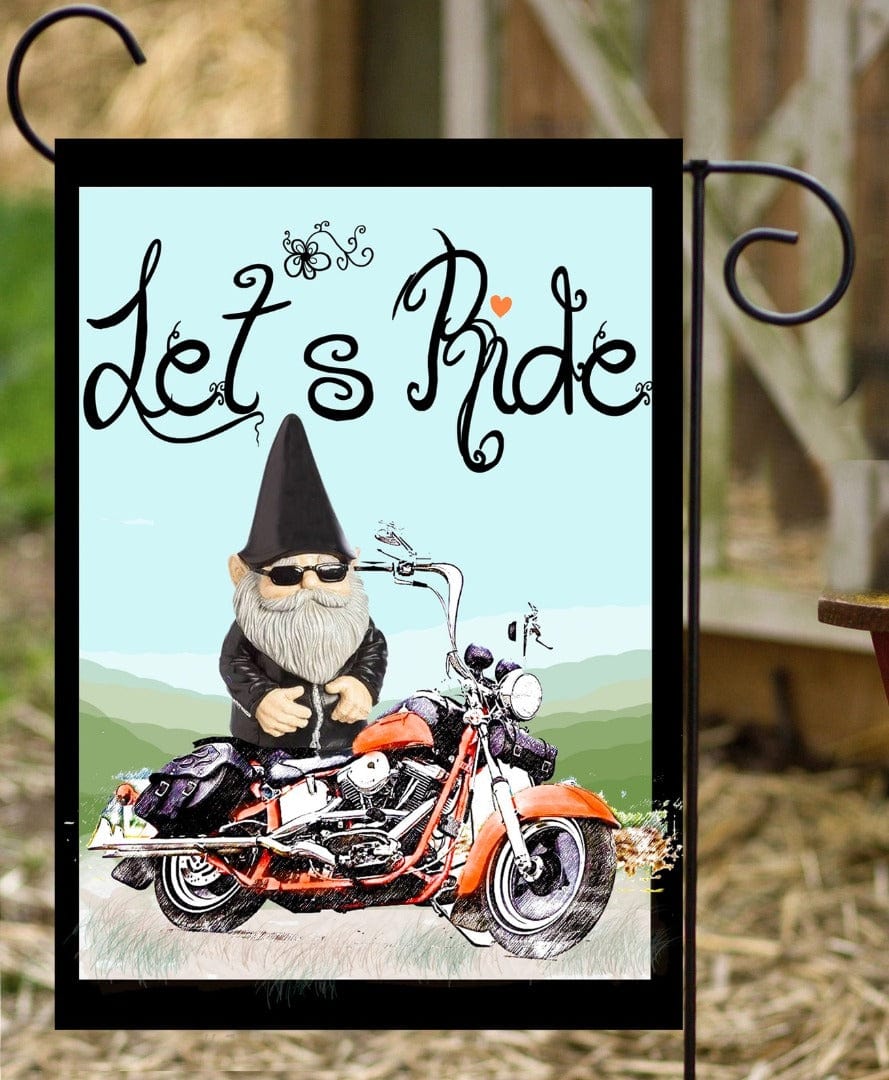 Gnome Biker Garden Flag 2 Sided Let's Ride