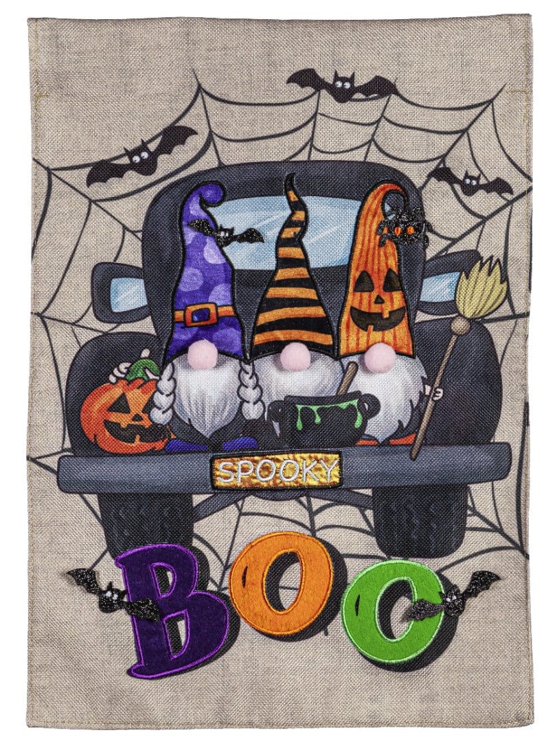 Gnome Spooky Truck Halloween Garden Flag 2 Sided Burlap