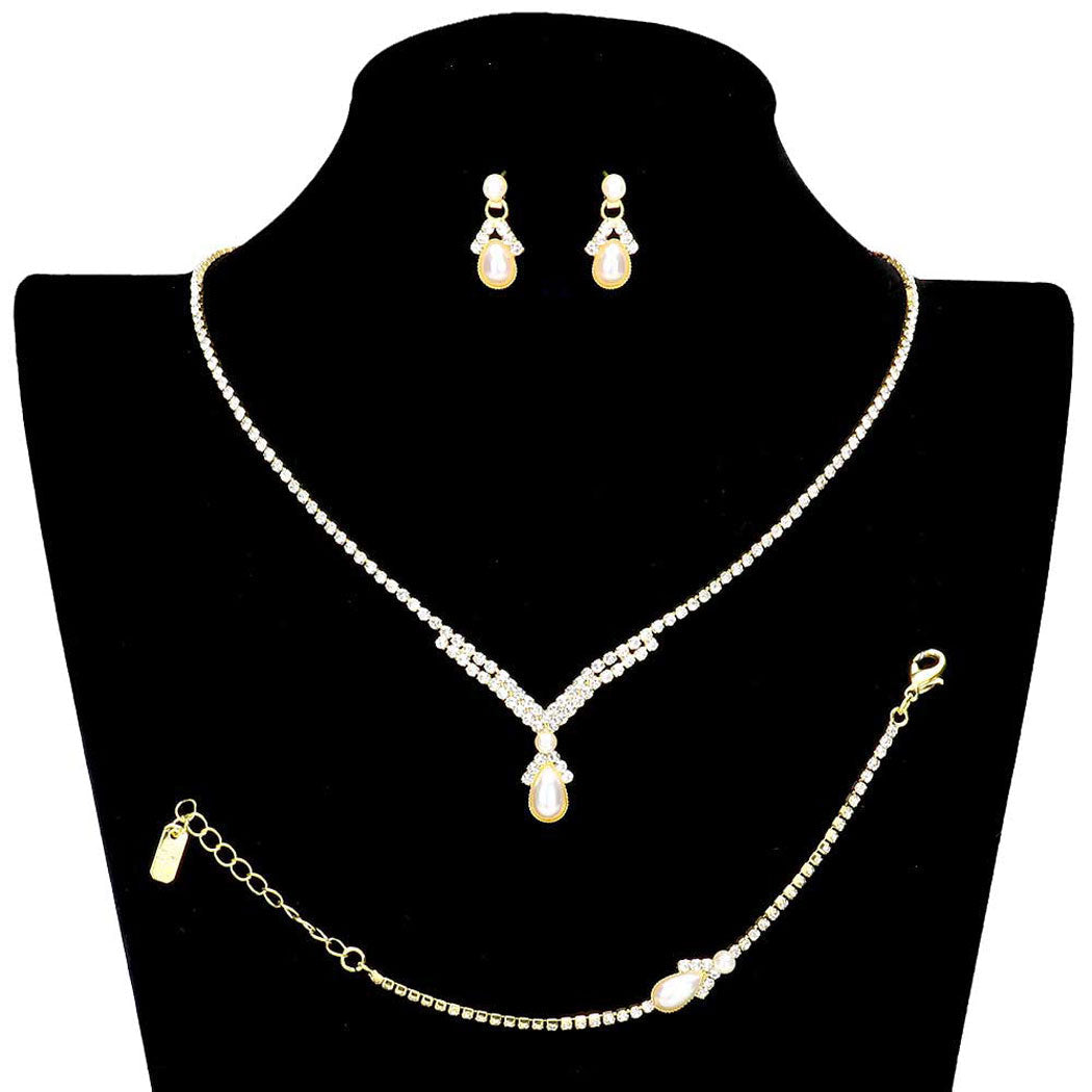 3PCS Teardrop Pearl Accented Rhinestone Necklace Jewelry Set