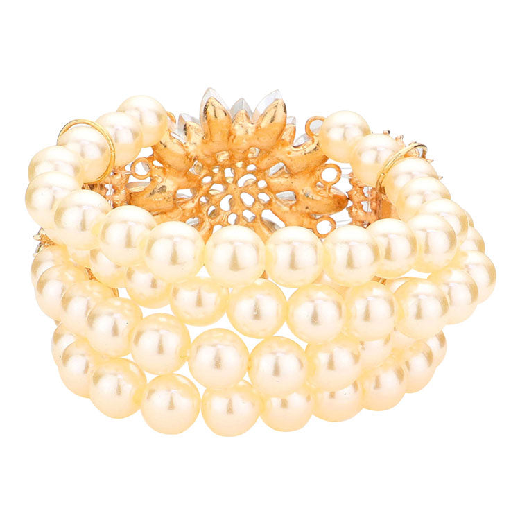 Flower Stone Embellished Pearl Stretch Bracelet
