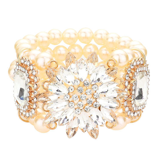 Flower Stone Embellished Pearl Stretch Bracelet