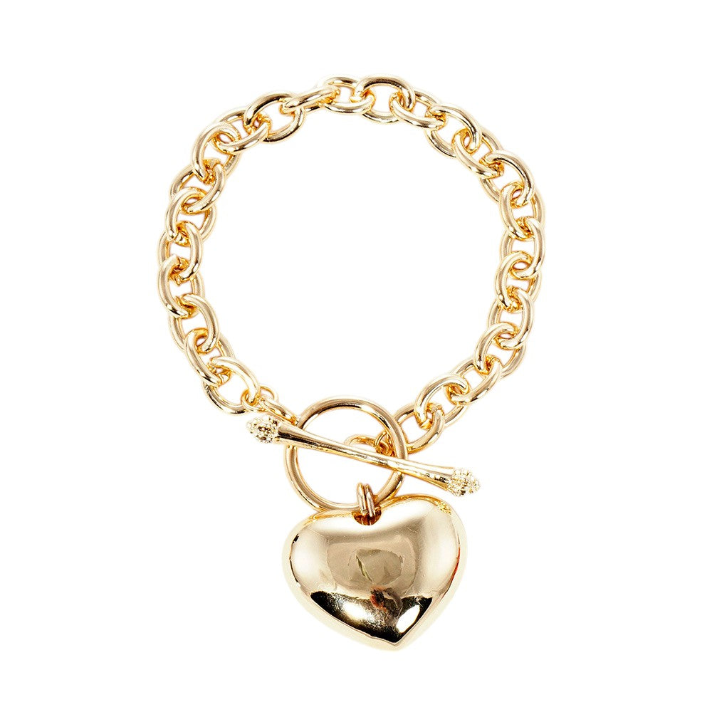Gold Dipped Metal Heart Charm Toggle Bracelet