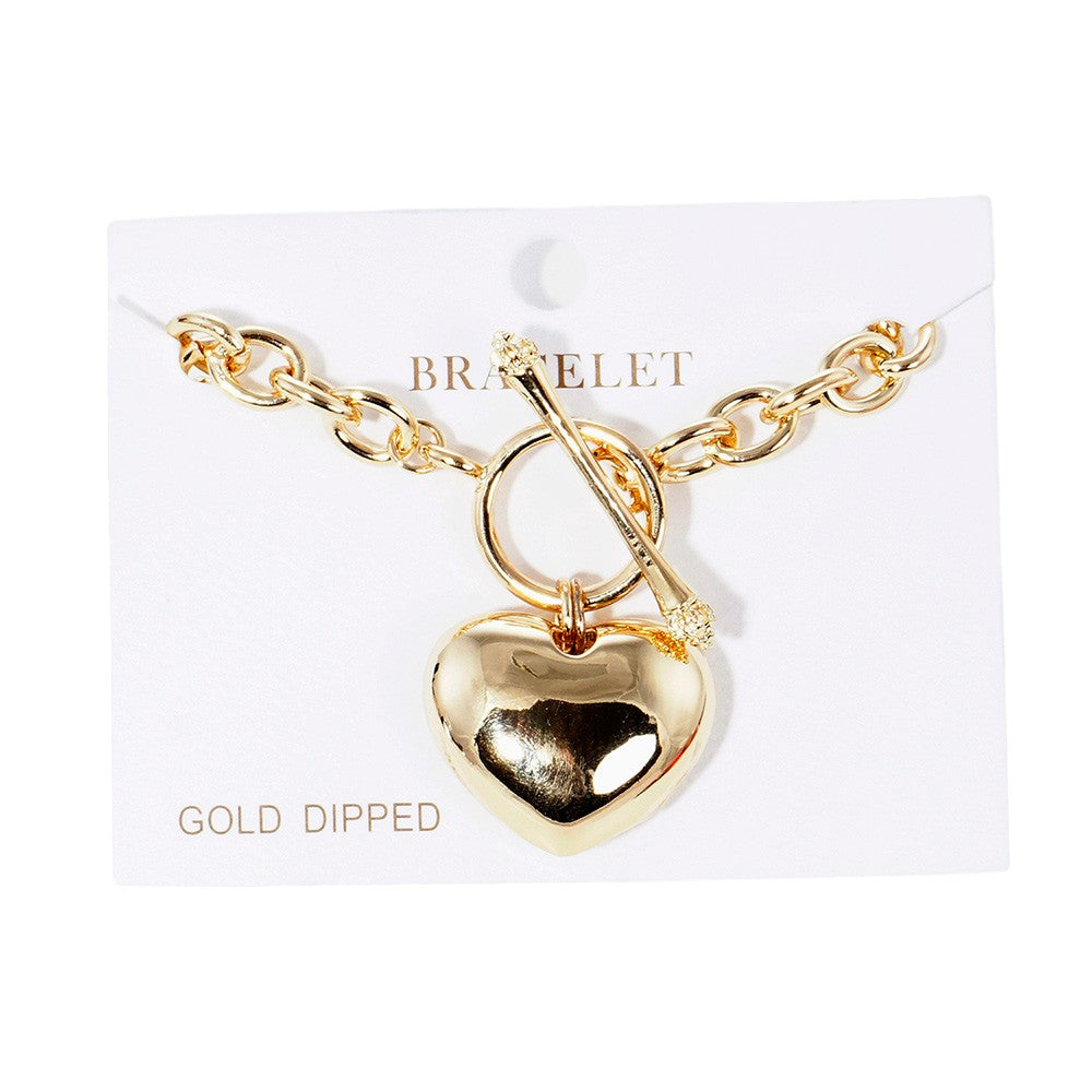 Gold Dipped Metal Heart Charm Toggle Bracelet