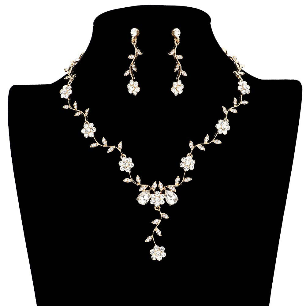 Flower Leaf Cluster Vine Rhinestone Necklace