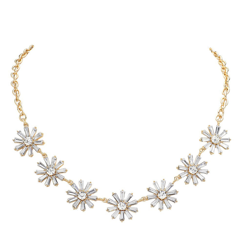Glass Stone Embellished Flower Cluster Link Necklace