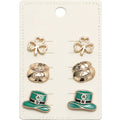 Metal St Patricks Clover Enamel Leprechaun Stud Earring Set