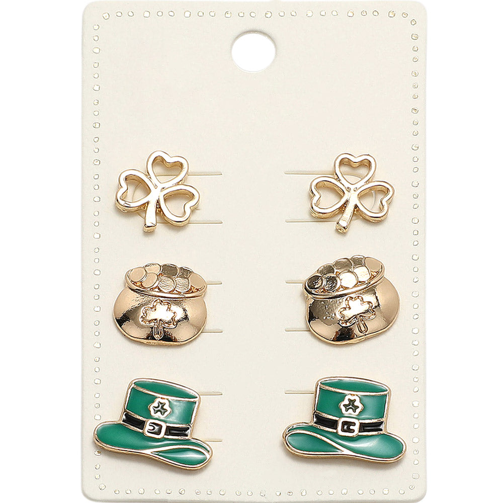 Metal St Patricks Clover Enamel Leprechaun Stud Earring Set