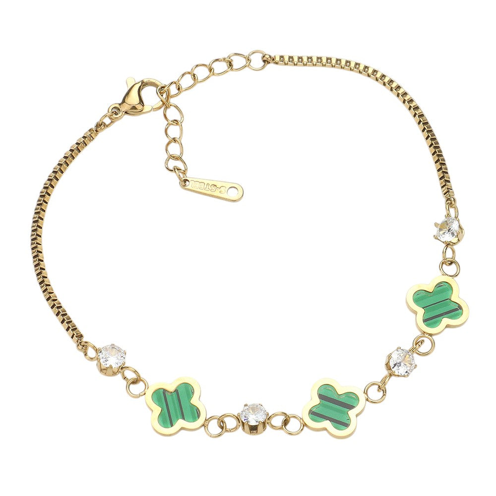 Stainless Steel Quatrefoil Stone Bezel Station Bracelet