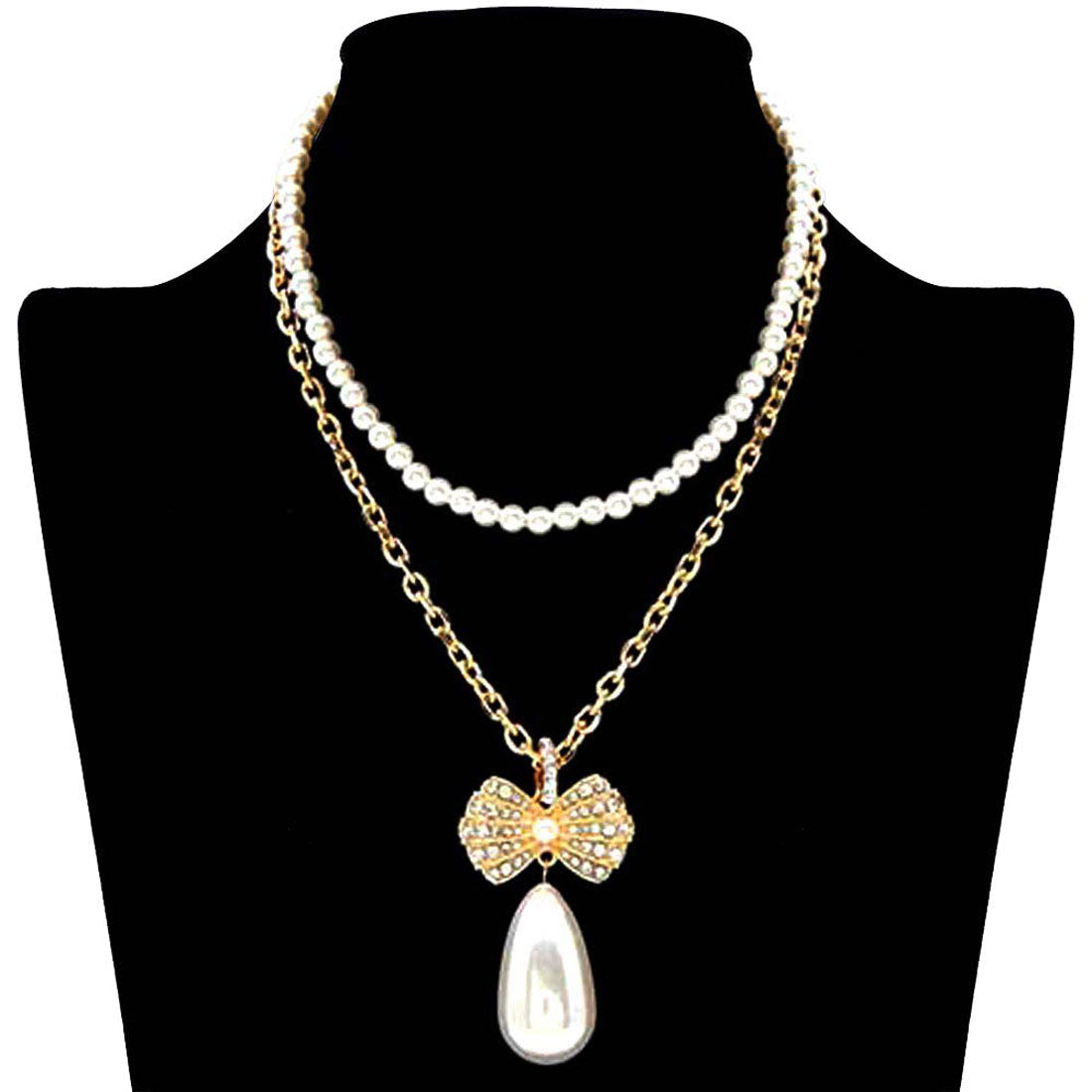Pearl Chain Rhinestone Pave Ribbon Dangle Pendant Necklace
