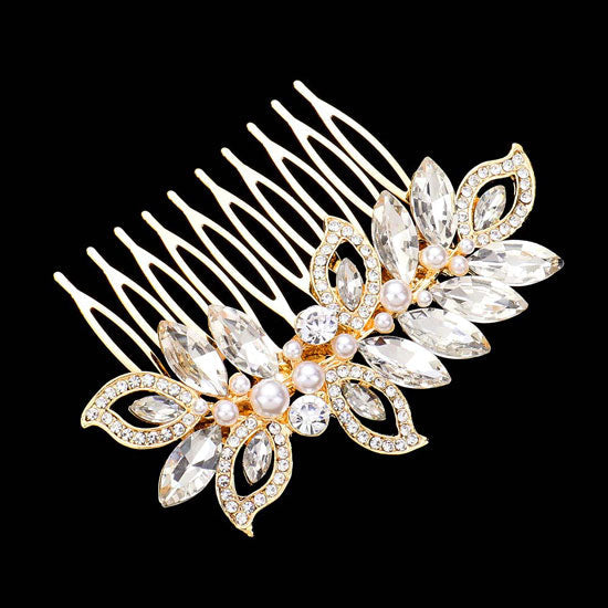 Pearl Marquise Stone Accented Leaf Hair Comb