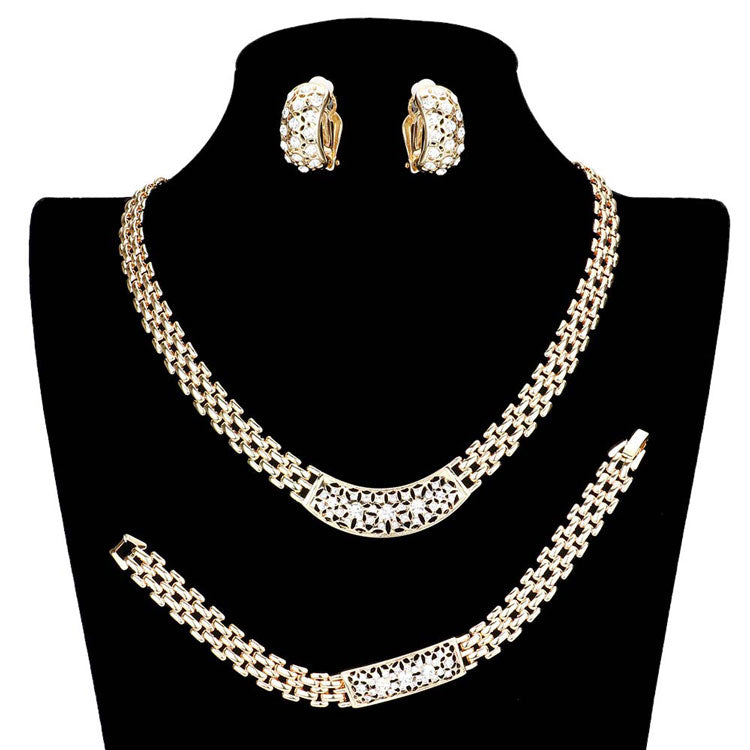 Rhinestone Embellished Necklace Clip Earring Set