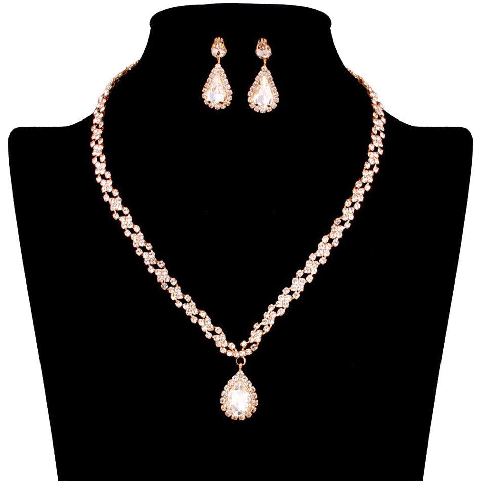 Teardrop Stone Pendant Accented Rhinestone Pave Necklace