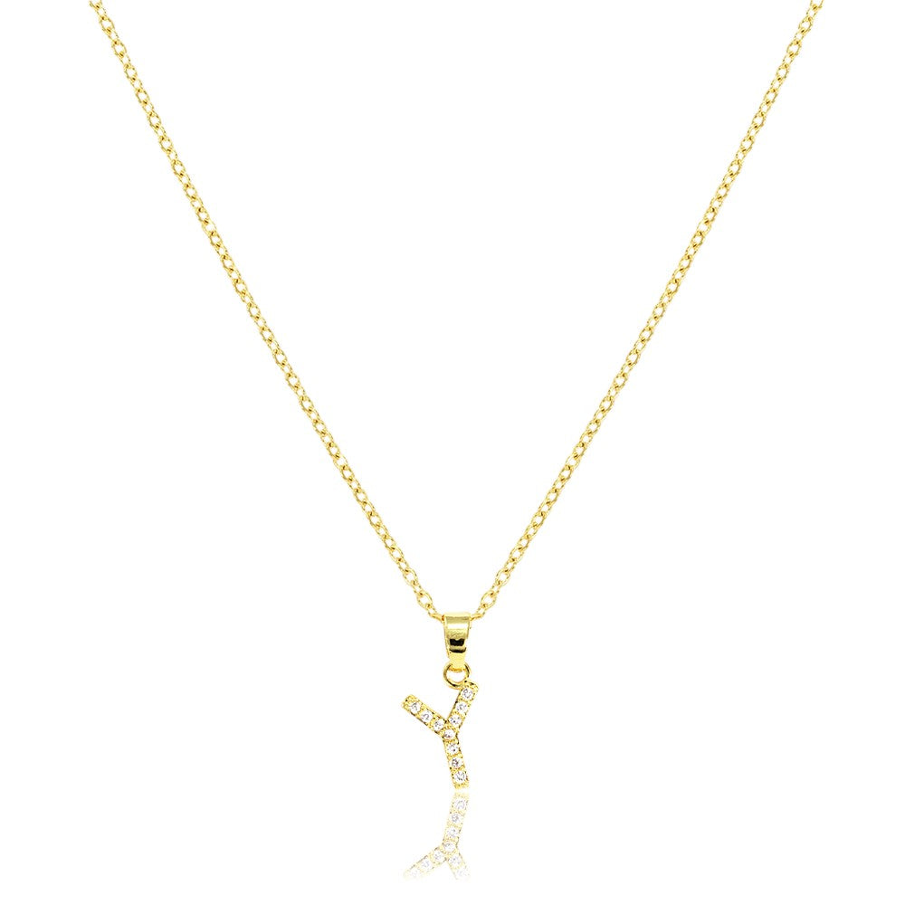 Y-Stainless Steel CZ Stone Paved Monogram Pendant Necklace