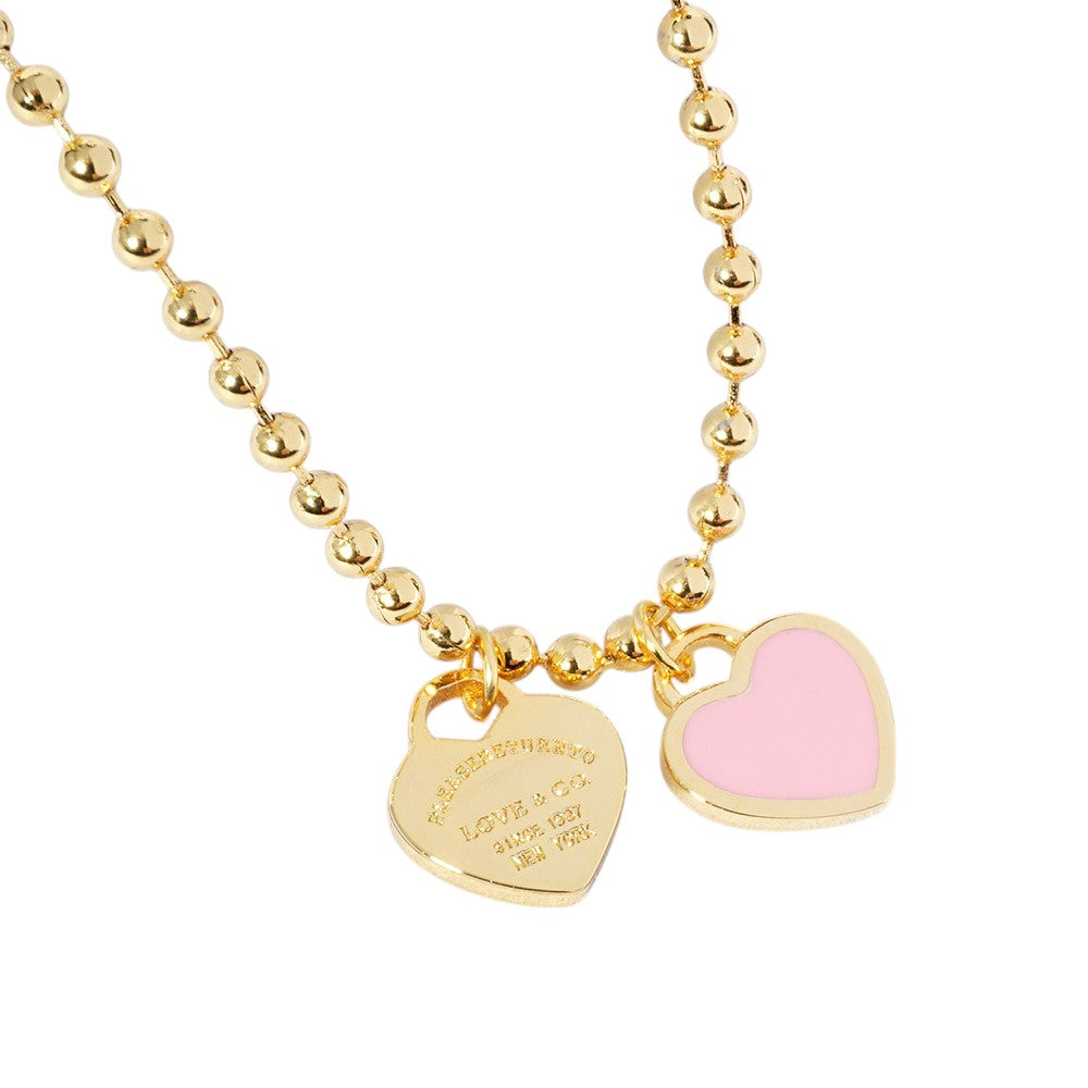 Gold Dipped Double Heart Pendant Bubble Chain Necklace